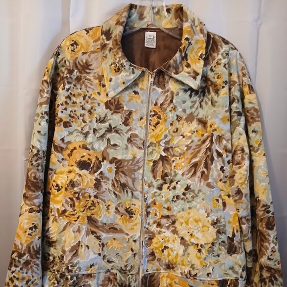 Nwt Floral Roses Twill Denim Full zip up Jacket Coat womens M Mint Brown Mustard - Picture 2 of 12